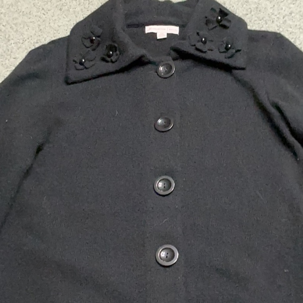 Vintage JM Collection Petite 100% Wool Black Cardigan floral detail collar